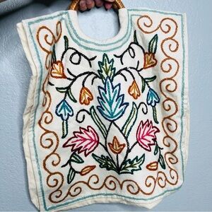 Vintage Embroidered Floral Tote with rattan handles